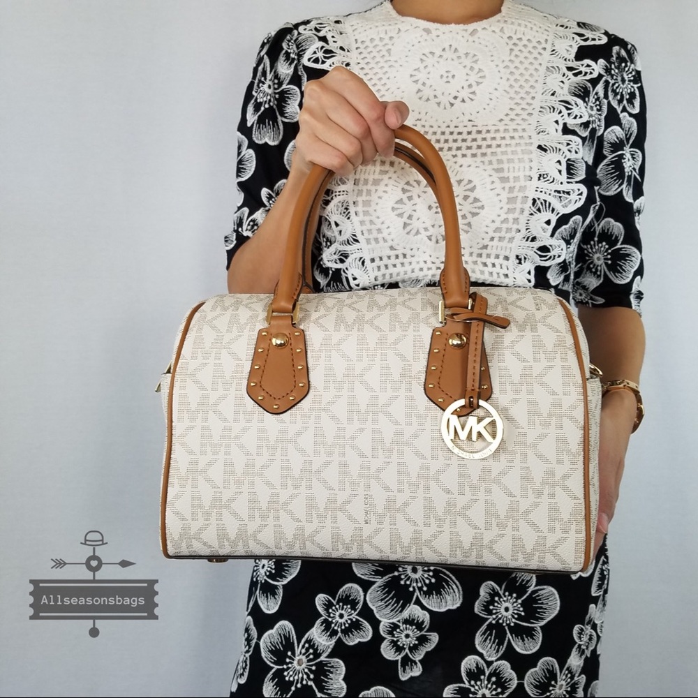 NWT Michael Kors Aria Medium Satchel Vanilla Acorn - Picture 2 of 8